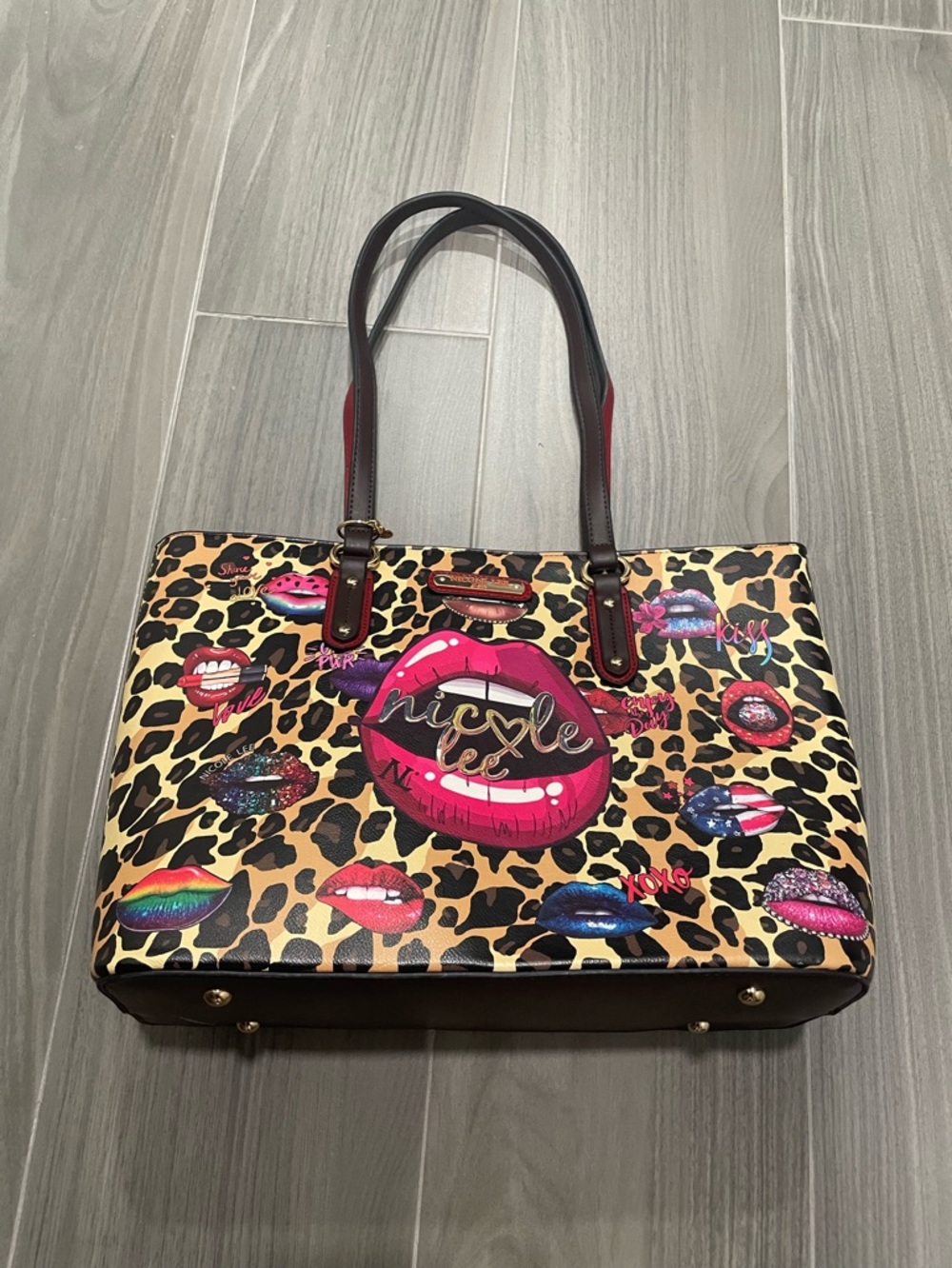 Nicole Lee Leopard Print Lip Graphic Tote Bag - NWT